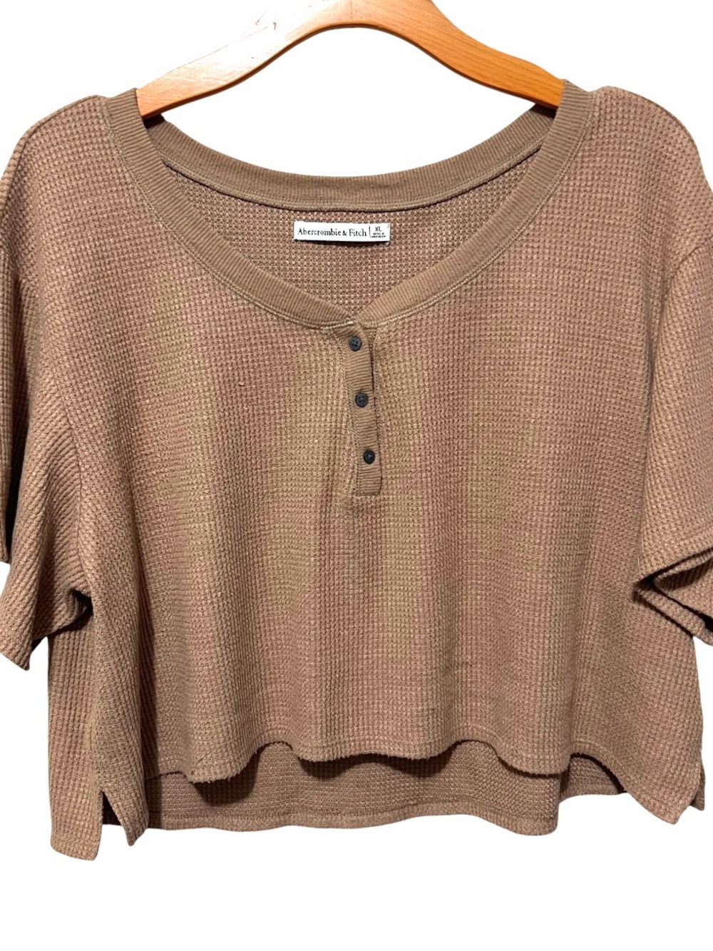 Abercrombie & Fitch Top Cropped Waffle Henley Shirt Tan Casual Spring Summer XL